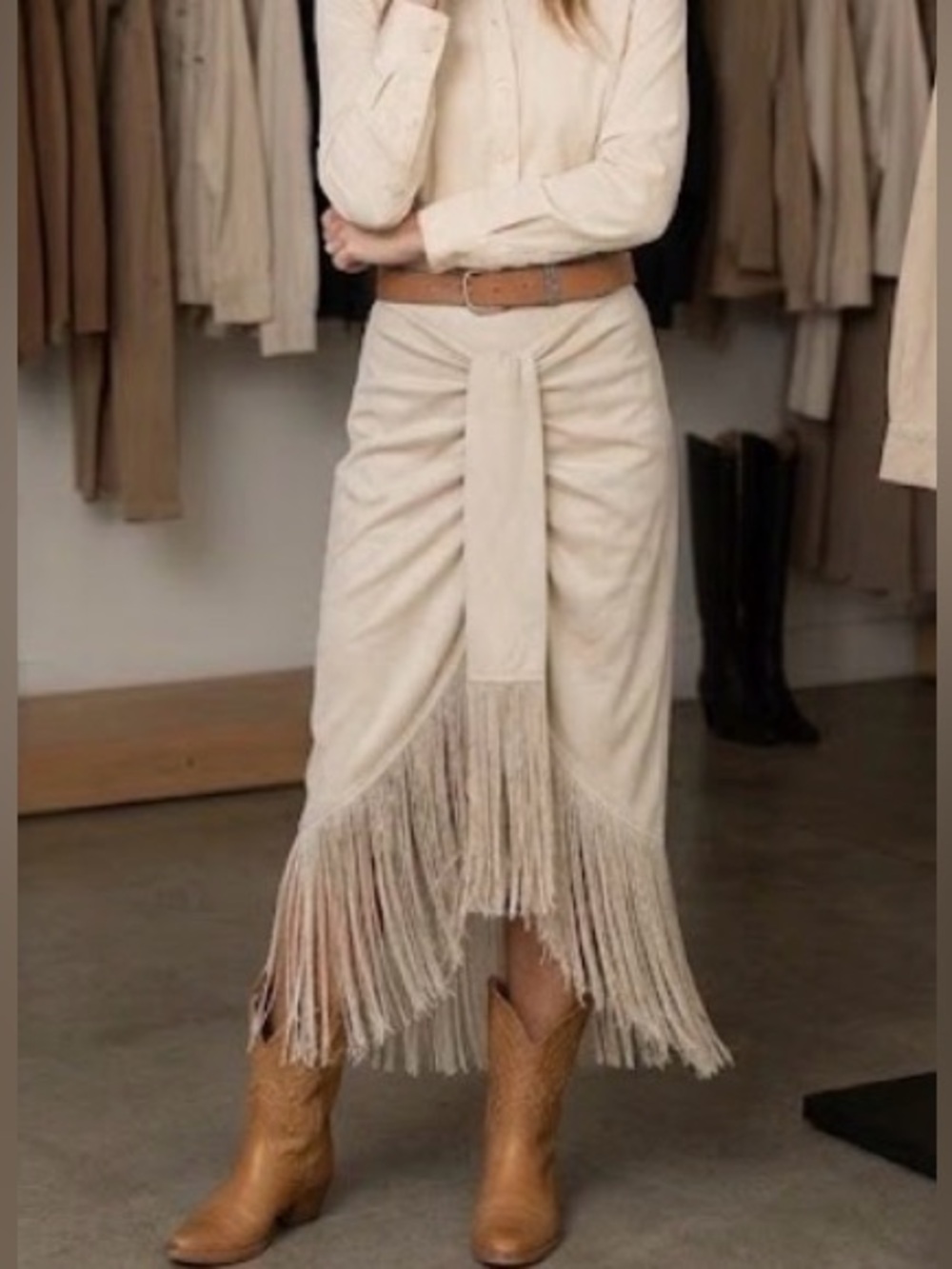 PrettyLittleThing creme tassel hem Fringed Midi Skirt sz 4 boho glam formal chic